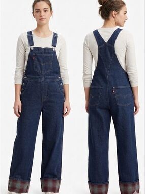 Levi’s Premium XL Overalls Flannel Lined Wide Leg Plaid Cuff Denim Dark Wash M